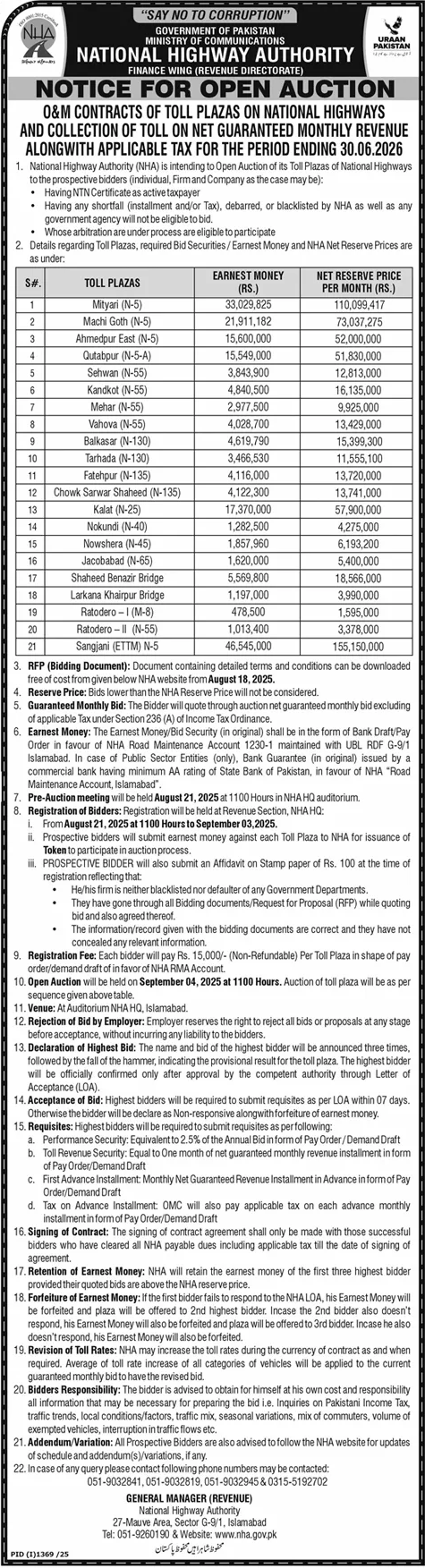 National Highway Authority Tender Notice